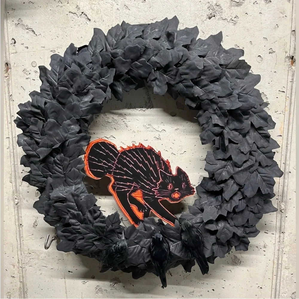 Hand Crafted Black Scaredy Cat Raven Wreath Black Leaves Black Orange Cat Goth